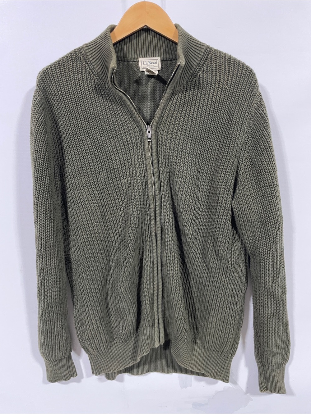 L.L. Bean Olive Zip-Up Ribbed Knit Sweater
